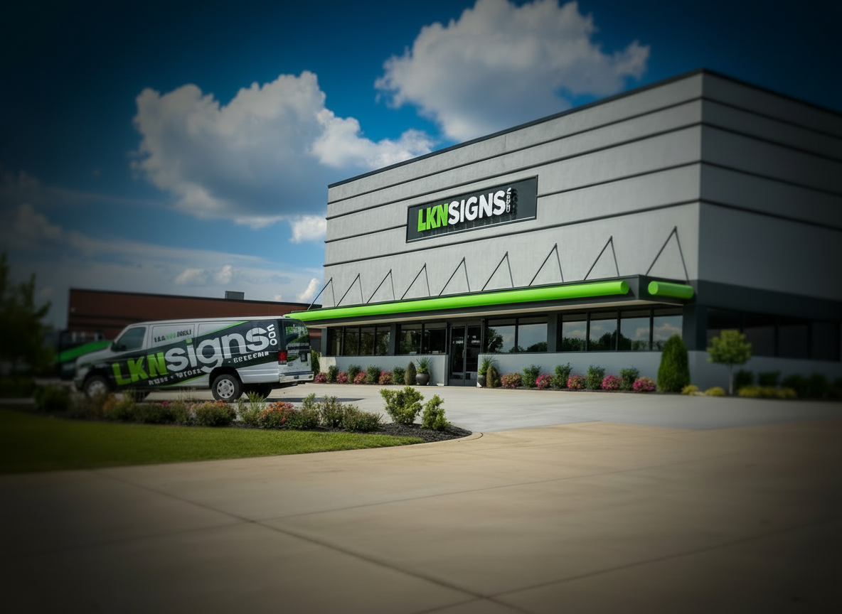 LKN Signs building and branded vehicle in Mooresville NC, full-service sign and vehicle wrap company